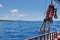 Lifebuoy on a ship against the background of the sea and the blue sky