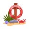 Lifebuoy summer beach rescue vector concept, ocean red crab, tropical plants, sand, stone, shell.