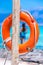 A lifebuoy, symbol of assistance, security, rescue, SOS on Golden Beach in Chrysi island, Crete, Greece