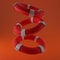 Lifebuoys levitate on an orange background. Summer beach rescue concept. 3D render