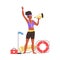 Lifeguard on beach makes with megaphone, isolated flat vector illustration.