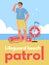 Lifeguard beach patrol banner with rescuer on duty, flat vector illustration.