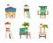 Lifeguard building. Bungalow guard towers on the beach in seaside life rescue garish vector constructions in flat style