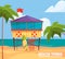 Lifeguard buildings. Seaside background with guard professional wooden building garish vector illustrations of security