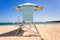 Lifeguard cabin on empty beach of Santa Monica