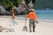 Lifeguard are cleaning the beaches from sea waste.marine park at Samui