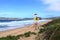 Lifeguard equipment in yellow and red colors and shark danger on the beach in Plettenberg Bay in South Africa