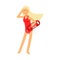 Lifeguard girl character in a red swimsuit holding life preserver buoy and looking into the distance Illustration