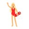 Lifeguard girl character in a red swimsuit with life preserver waving her hand Illustration