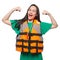 Lifeguard girl in an orange life jacket, laughs, opening her mouth, raising her hands up, shows strength, safety concept, on a