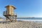 Lifeguard house against the view of the ocean and pier at San Clemente, California