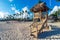 Lifeguard house on a beautiful summer day with blue cloudy sky