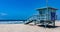 Lifeguard hut on Venice beach. Pacific ocean coastline Los Angeles USA