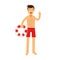 Lifeguard man character on duty standing with lifebuoy and raising his inger up warningly Illustration