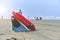 lifeguard with a rescue orange buoy. Security measures on the beach lifesaver watching the sea