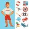 Lifeguard or sea guard watch and water rescue vector flat icons