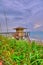 Lifeguard station located at the edge of a beach, with tall grass in the foreground