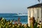 Lifeguard storage shed and high waves on Sunset Beach, Oahu, Hawaii