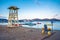 Lifeguard tower with beach wheel chair for disabled swimmers, Elounda, Crete