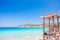 Lifeguard tower at beautiful blue beach. Greece, Crete, Voulisma beach. Lifeguard cabin on the beach.