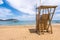 Lifeguard tower sandy beach white clouds sea blue sky, Figueral