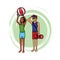 Lifeguard with woman and beach ball