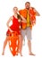 Lifeguards with rescue ring buoy and life vest.