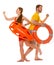 Lifeguards running with rescue ring buoy on duty.