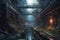 Lifeless gloomy underground city landscape with futuristic dystopia setting, spectacular cyberpunk scifi mechanical structure or s