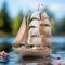 Lifelike origami boat sailing on a calm sea