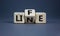 Lifeline, line of life symbol. Turned wooden cubes and changed the word `life` to `line`. Beautiful grey table, grey backgroun