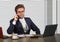 Lifestyle corporate company portrait of young happy and busy business man working at modern office talking on mobile phone by wind