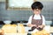 Lifestyle Family. Smiling chef asian kid boy cooking toast and make  bread for dinner.  People children making and leaning sweet f