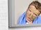 Lifestyle funny portrait of young attractive and surprised man horrified looking himself on bathroom mirror ugly and weird face ap