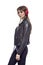 Lifestyle Ideas. Relaxed Winsome Young Caucasian Female in Sport Fitness Outfit and Leather Jacket Posing With Wireless Headphones
