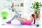 Lifestyle leisure legs put-up pose indoors fashion cardio concept. Side view photo cute strong nice glad excited charming attract