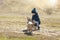 Lifestyle portrait of kid walking and playing with two frech bulldog puppies on the sunny spring day in the nature park