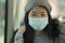 Lifestyle portrait of young attractive and pretty Asian woman wearing mask in railcar traveling in new normal virus time - sweet