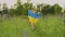 Lifestyle of running child girl with blue and yellow flag of Ukraine on field. Selective soft focus.