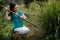 Lifestyle of rural Asia woman digging up lemongrass on a garden, Growing organic vegetables herself concept, Asian women in the