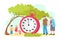 Lifetime concept, old person and young children generation, vector illustration. Age cycle at huge life timer, adult man