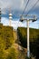 Lift with cable passes between spruce forest on peak against backdrop of mountain ranges of Rhodope Mountains