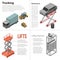 Lifting machine banner set, isometric style