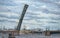 The lifting part of the Troitskiy Trinity bascule bridge is raised for the passage of ships during the Main Naval Parade