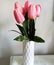 On a light background, in a white vase, beautiful pink tulips, with green leaves