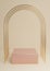 Light beige, pastel orange 3D rendering minimal product display cube podium or stand with luxury gold arches and golden lines.