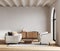 Light beige room interior, living room interior mockup, empty beige wall, Japandy style, 3d rendering
