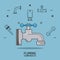 Light blue background poster plumbing services with faucet in closeup and plumbing icons