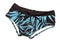 A light blue and black colored ladies swimming shorts with leaf patterns