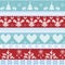 Light blue, blue, white and red Scandinavian Nordic Christmas seamless cross stitch pattern with angels, Xmas trees, rabbits, snow